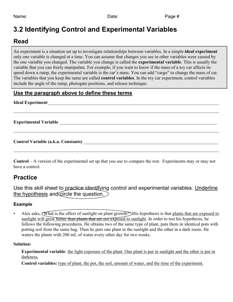 2222.22 Identifying Control and Experimental Variables Inside Experimental Variables Worksheet Answers