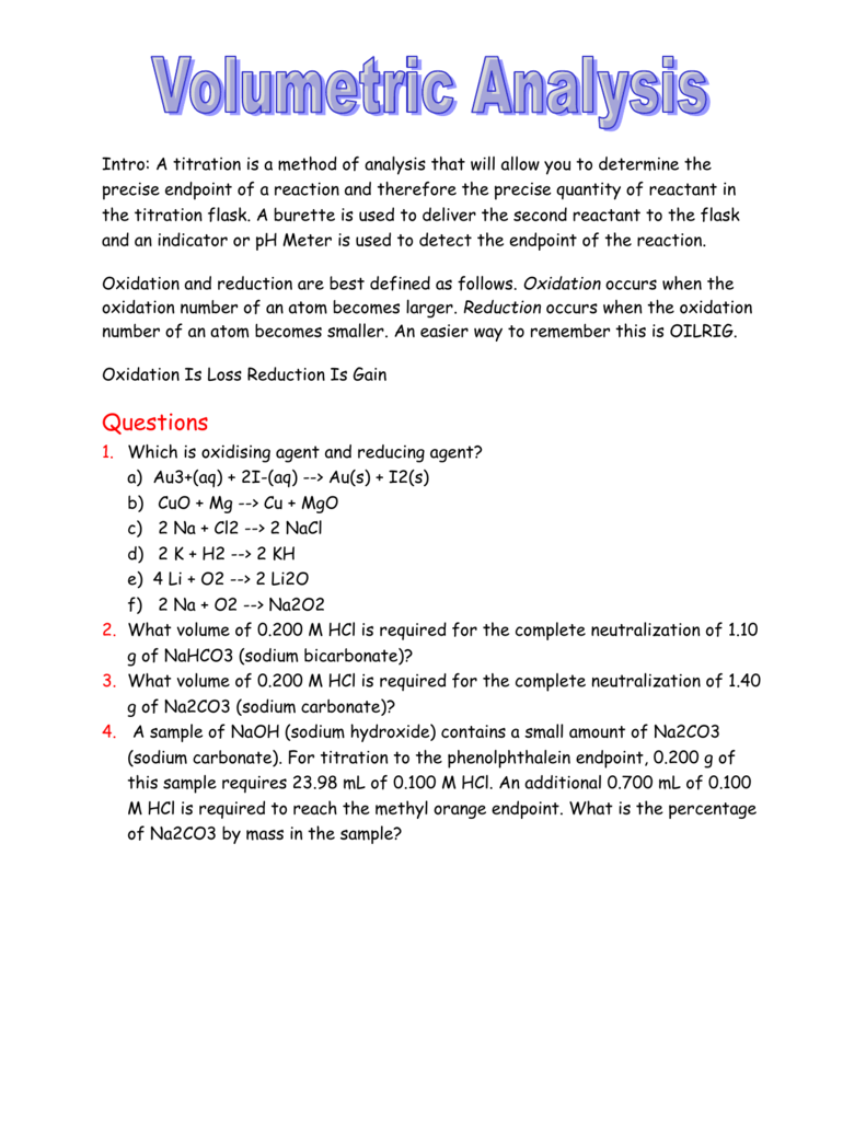 Worksheet Volumetric Analysis