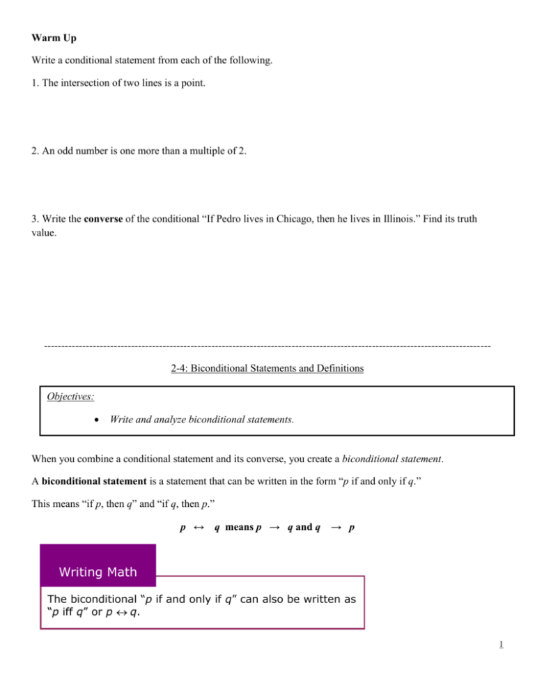 Warm Up Write A Conditional Statement From Each Of The Following 1