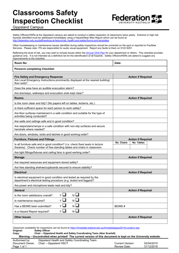 Safety Inspection Checklist Classroom
