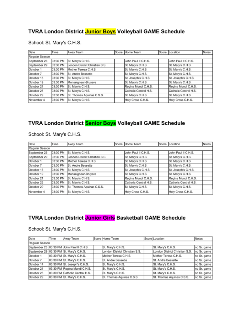 TVRA Volleyball and Basketball Game Schedules Fall 2015