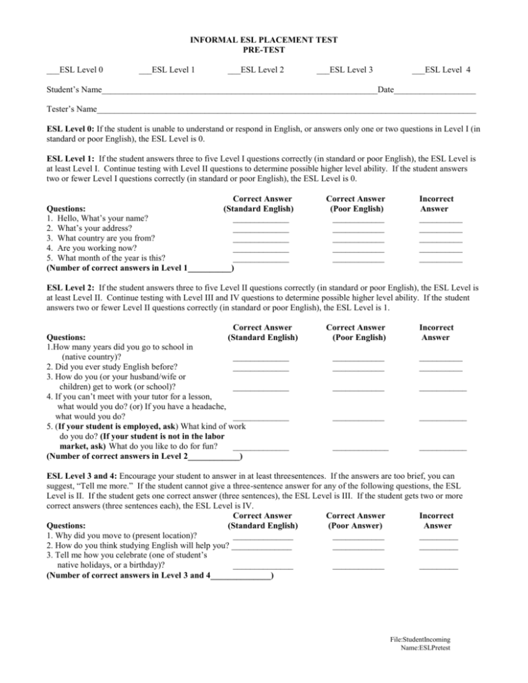 INFORMAL ESL PLACEMENT TEST