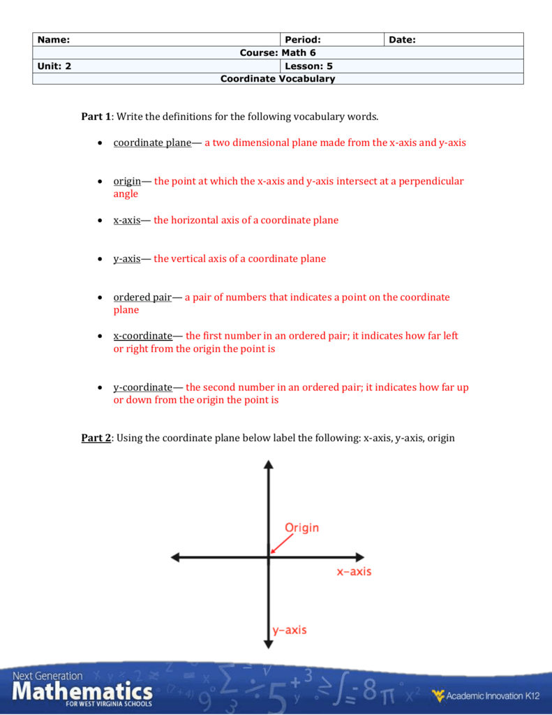 Coordinate Vocabulary Answer Key