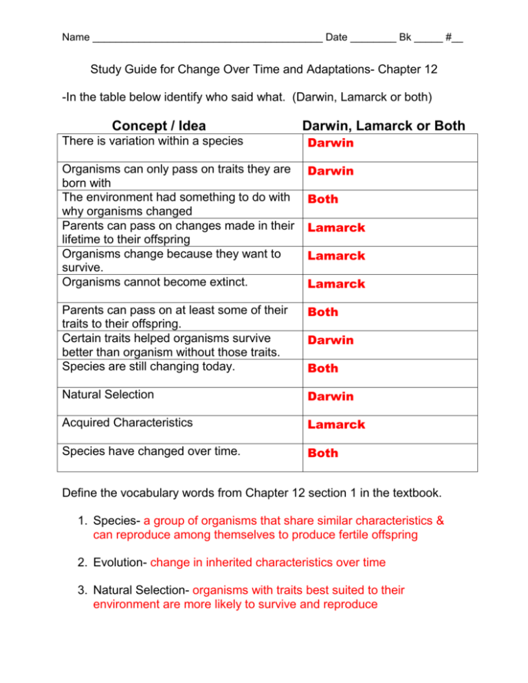 Chapter 12 Adaptation Answer Key