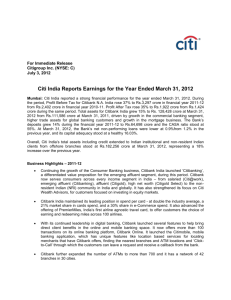 Citi India reports Earnings for the Year Ended March 31