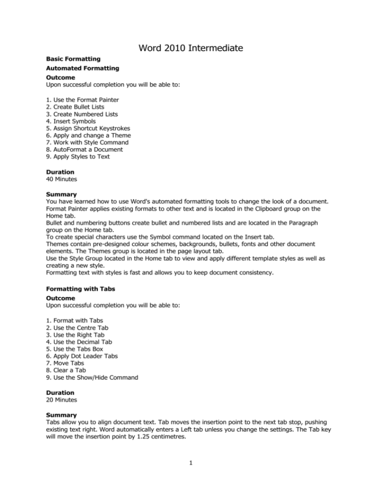 Word 2010 Intermediate Training Description
