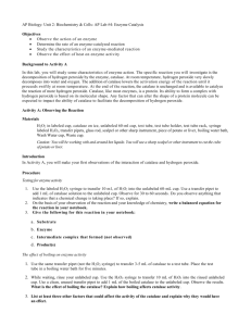 AP Biology: Unit 2: Biochemistry & Cells: AP Lab #4: Enzyme