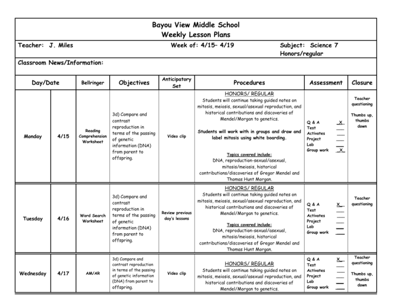 Weekly Lesson Plan 4 15 13 To