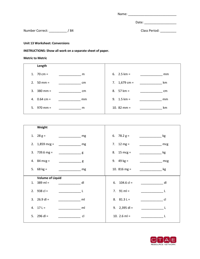 Hosa Medical Math Conversion Chart