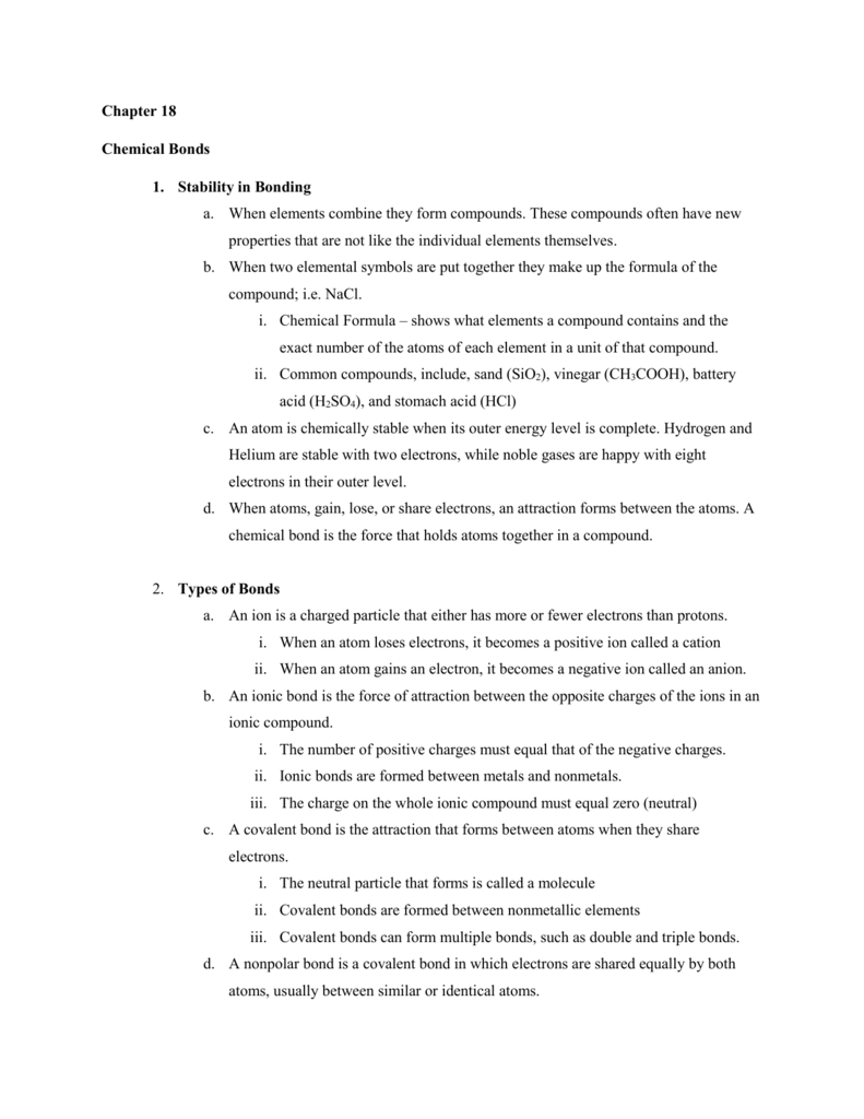 Ch. 20 Notes With Regard To Overview Chemical Bonds Worksheet Answers