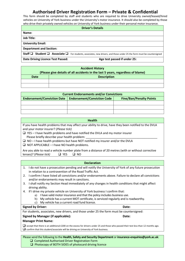 Authorised Driver Registration Form - Private
