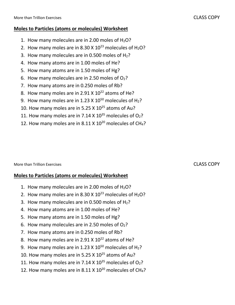 Mole Particle Practice Worksheet Moles Molecules And Grams Worksheet