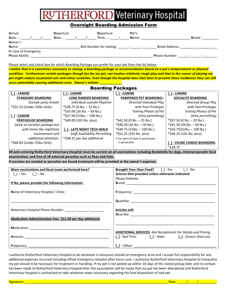& Print Boarding Form Rutherford Veterinary Hospital