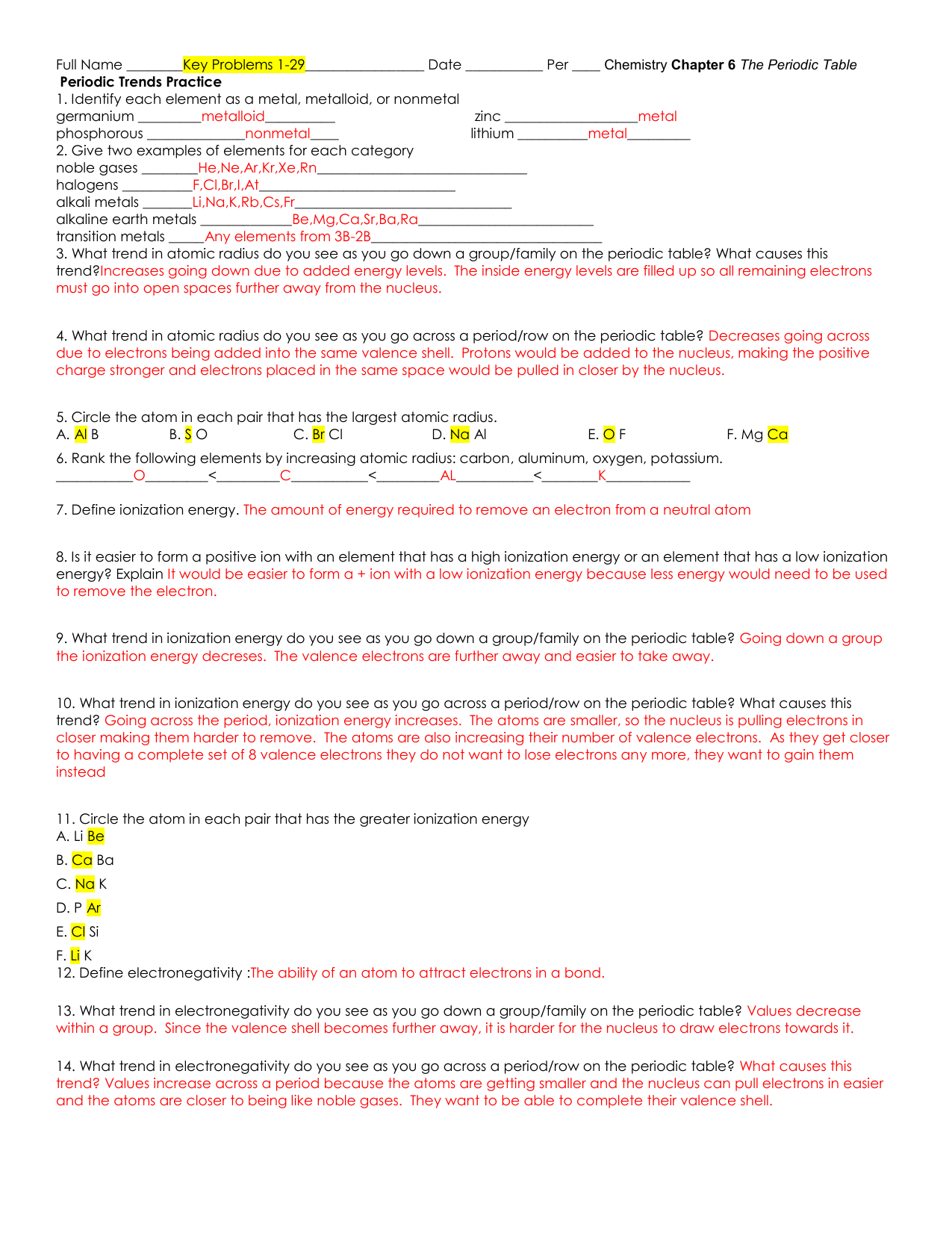 Periodic Trends Practice Answer Key For Periodic Trends Practice Worksheet Answers
