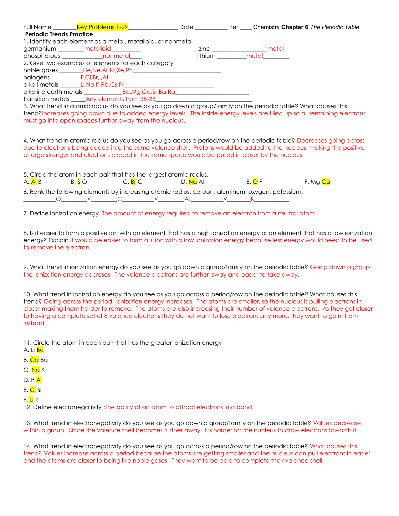 Periodic Trends Practice Worksheet Answers 5182