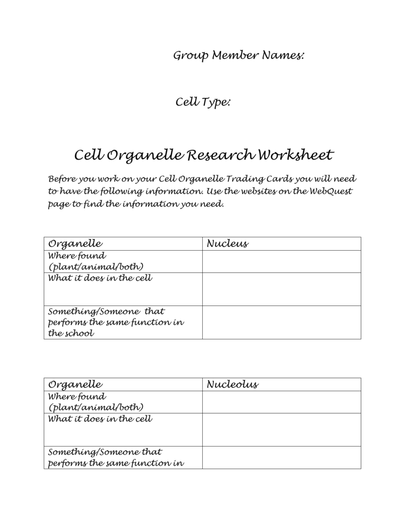 Cell Organelle Research Worksheet Inside Cell Organelles Worksheet Answer Key