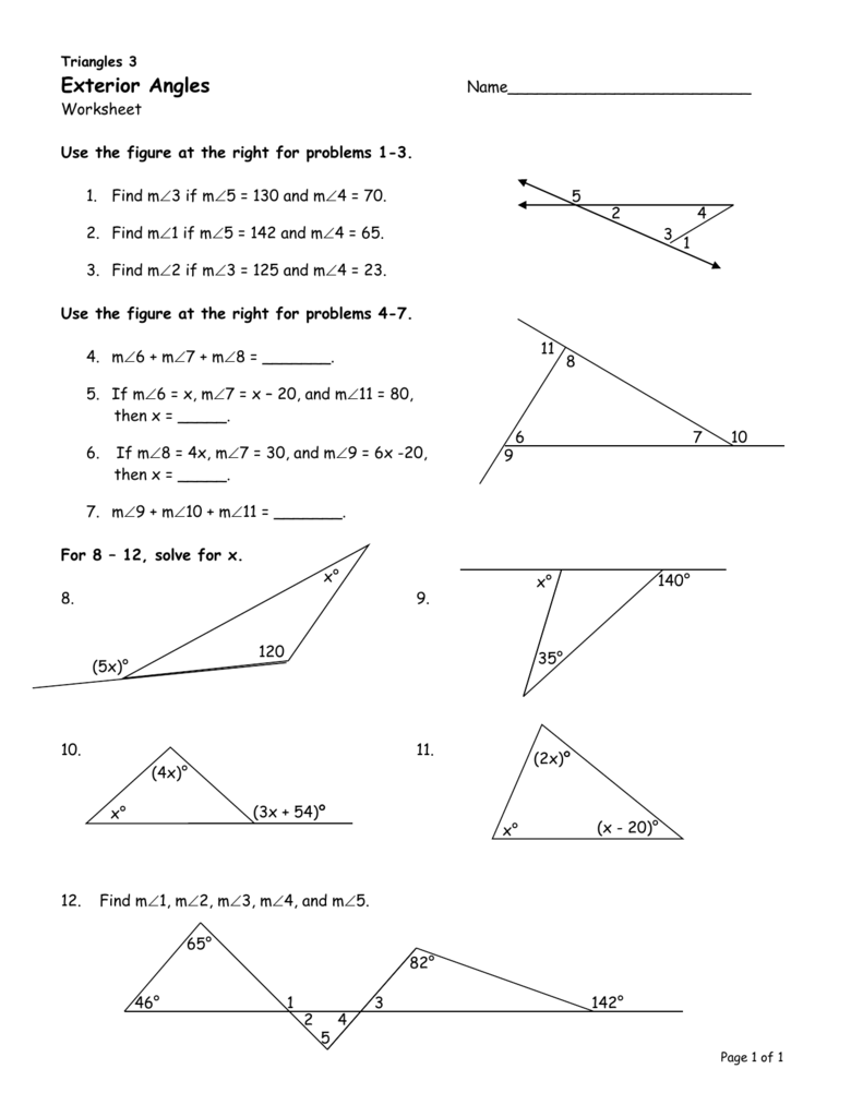 Exterior Angle Theorem & Triangle Angle For Exterior Angle Theorem Worksheet