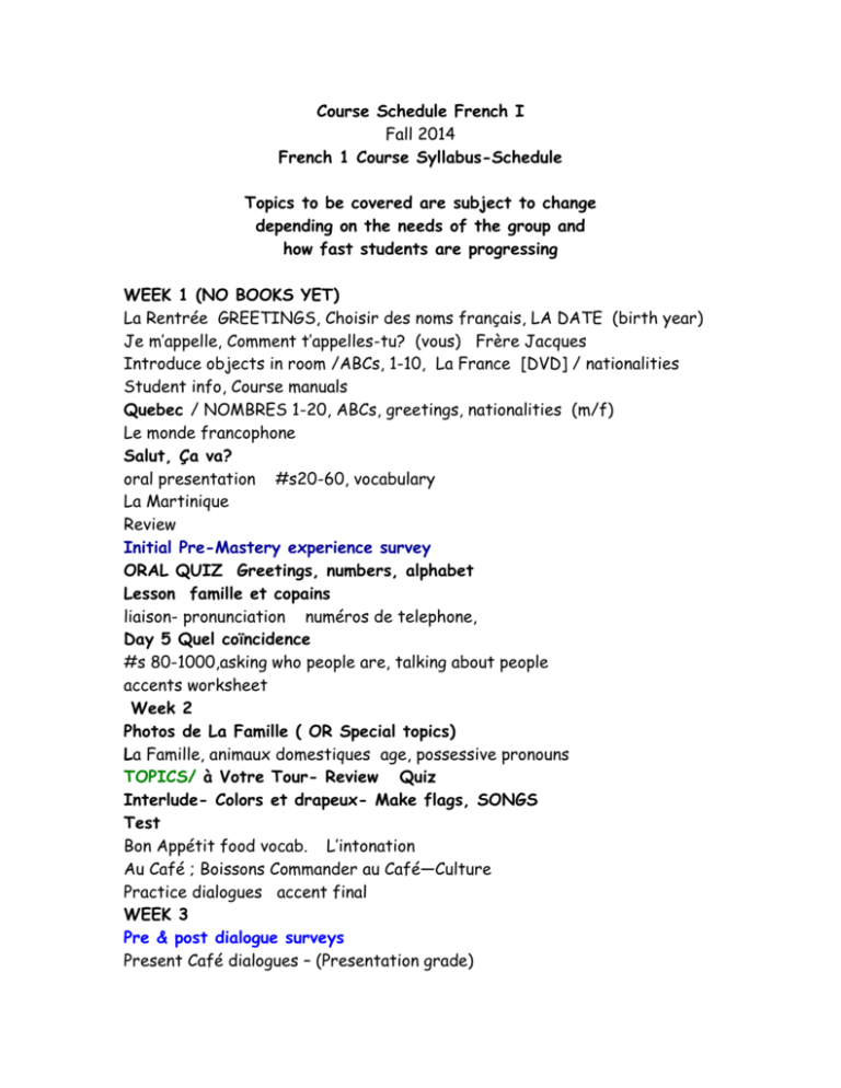 Course Schedule French I Kolman