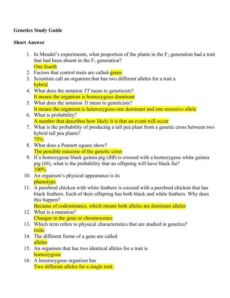 Genetics Study Guide Short Answer Genetics Study Guide Short Answer
