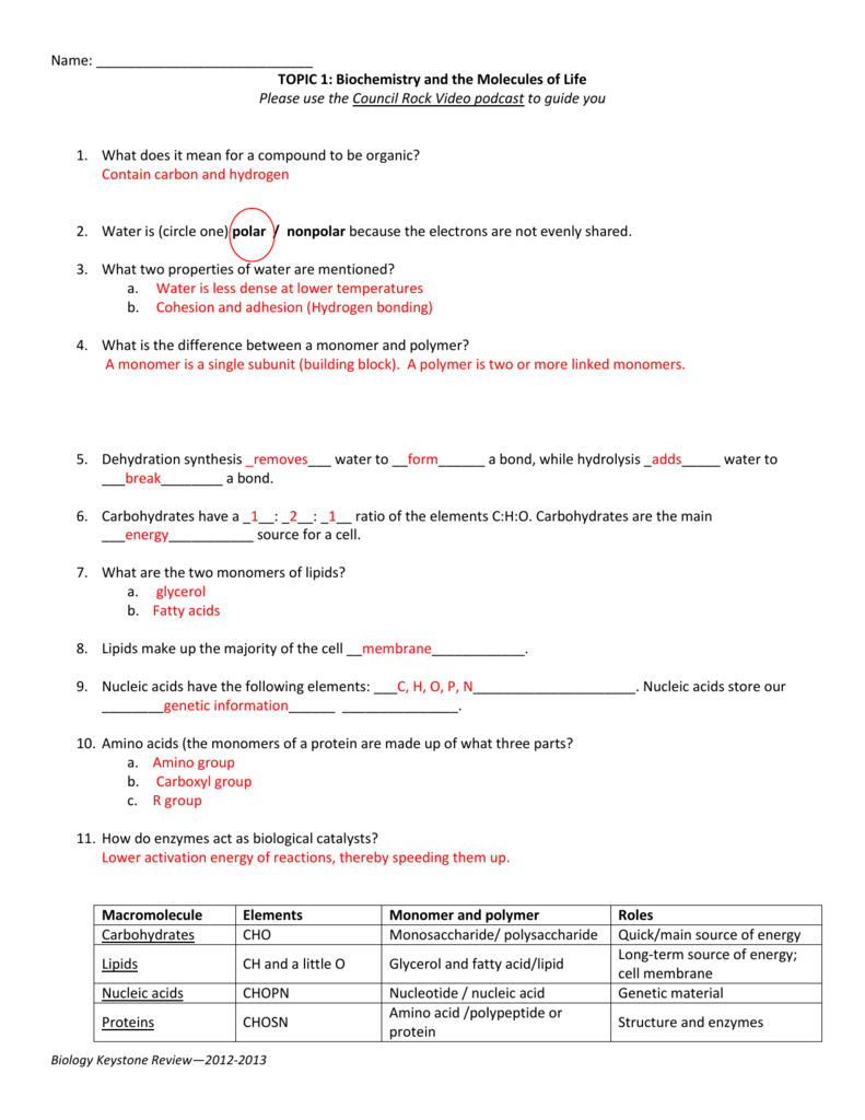Topic 11 and 11 Viewing Guide Key Inside Building Macromolecules Worksheet Answers