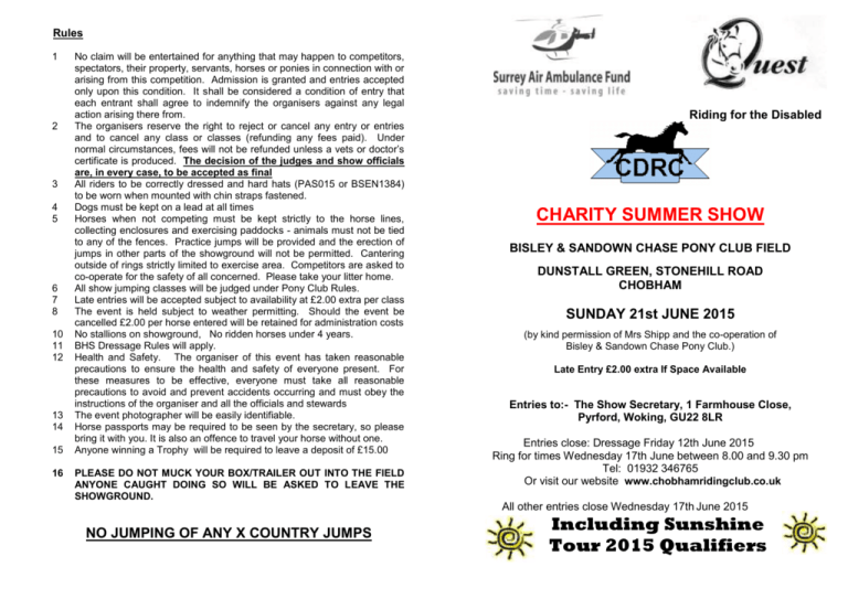 Schedule Chobham And District Riding Club
