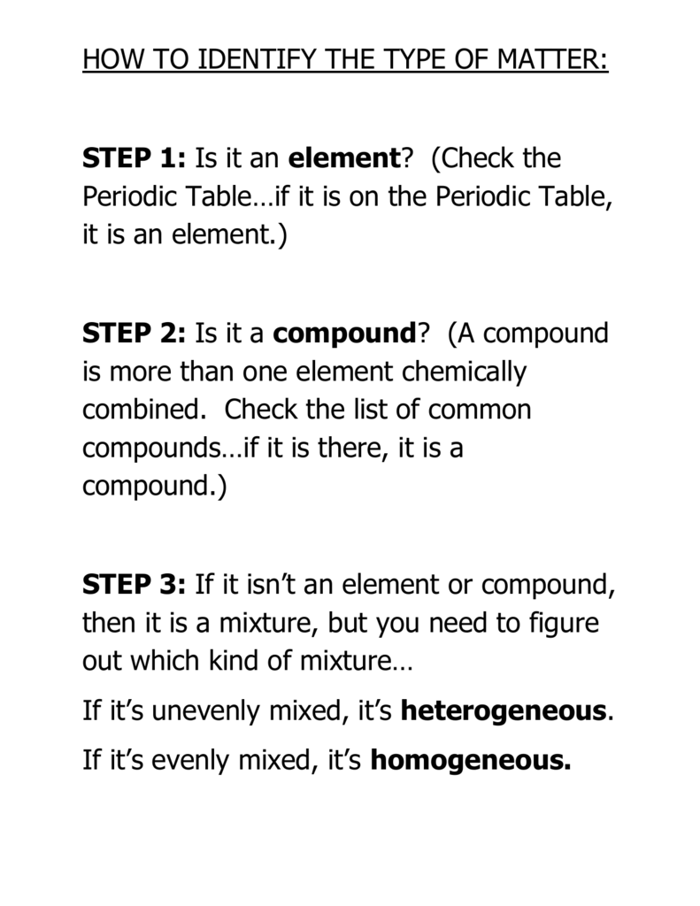 element, compound, heterogeneous mixture or homogeneous mixture