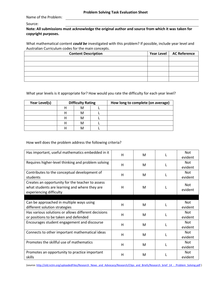 problem solving skills assessment questionnaire