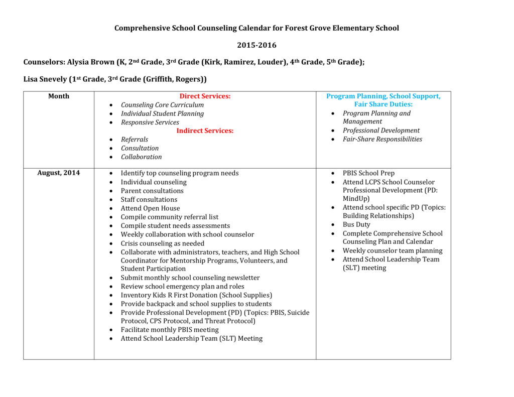 Comprehensive School Counseling Calendar For Forest Grove