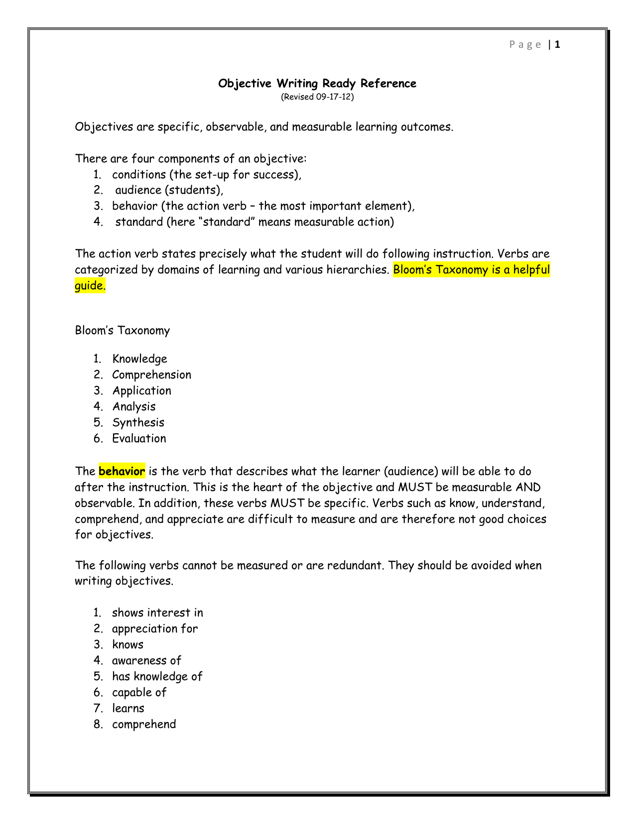 Page  Objective Writing Ready Reference (Revised 30-30