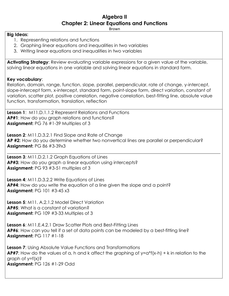 Algebra Ii Chapter 2 Linear Equations And Functions