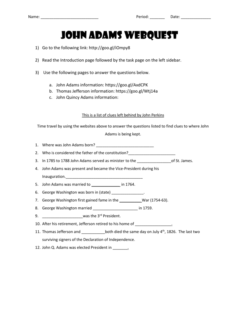 The Presidency Of John Adams Worksheet Answers - Thekidsworksheet