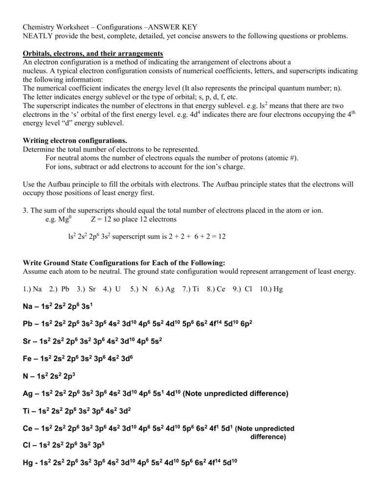 Electron Configurations Worksheet Answer Key