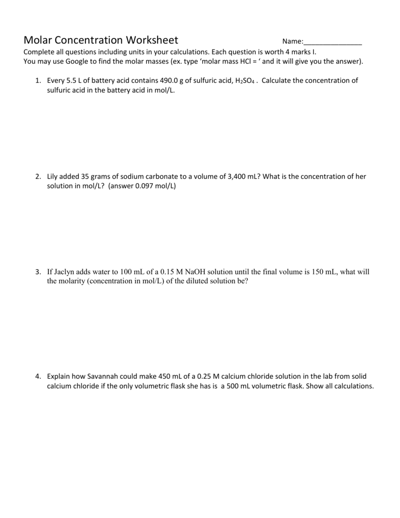 Day 27- Molar Concentration Worksheet