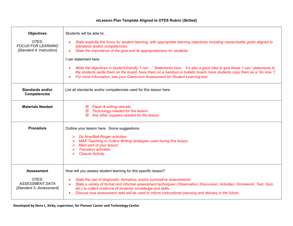 Recommended Lesson PLan Template Aligned to OTES