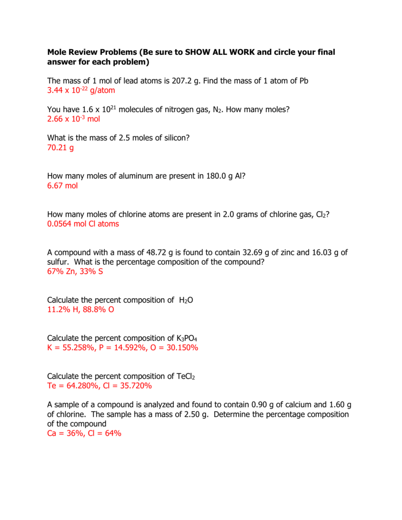 Mole Review Problems (Be sure to SHOW ALL WORK and circle