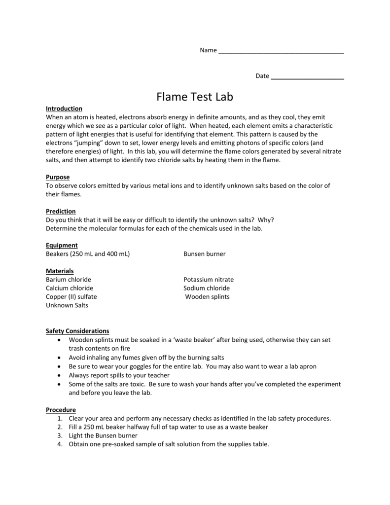 Flame test lab pre lab questions answer key