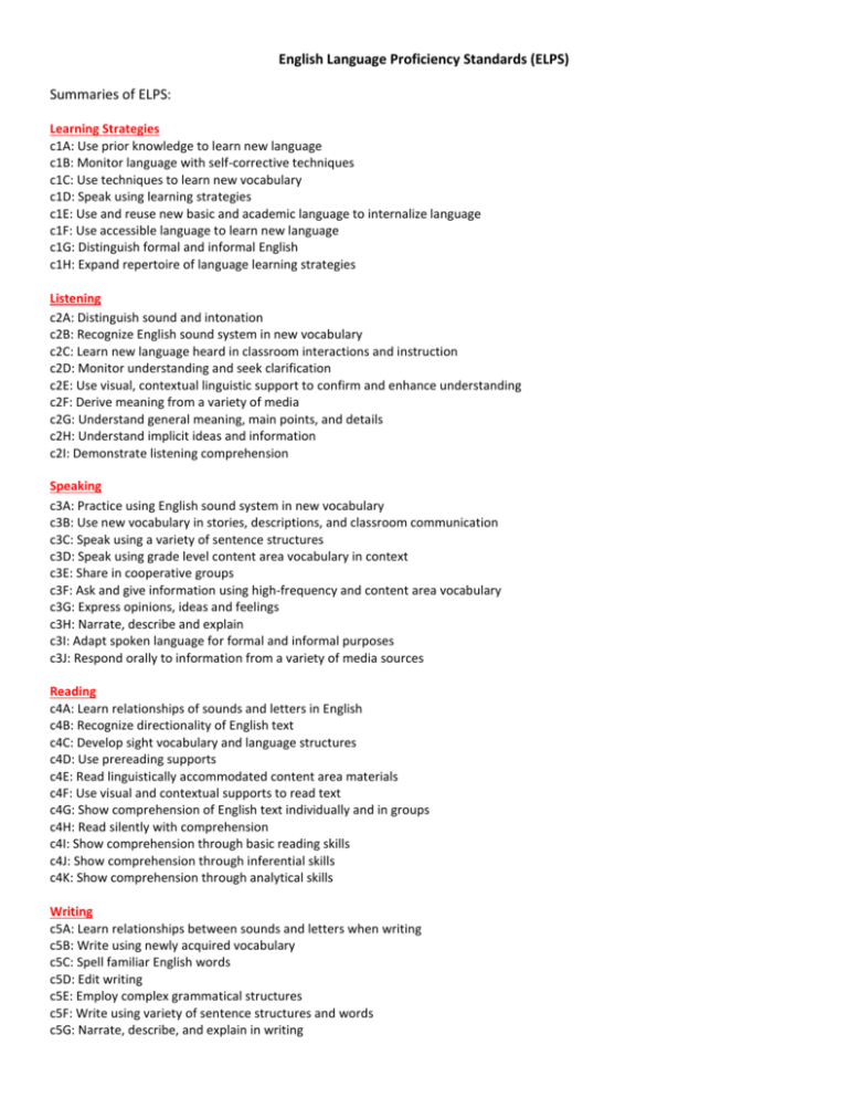  English Language Proficiency Standards ELPS 