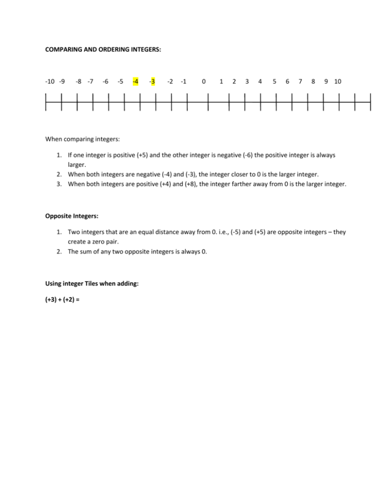 Free Printable Worksheets On Comparing And Ordering Integers
