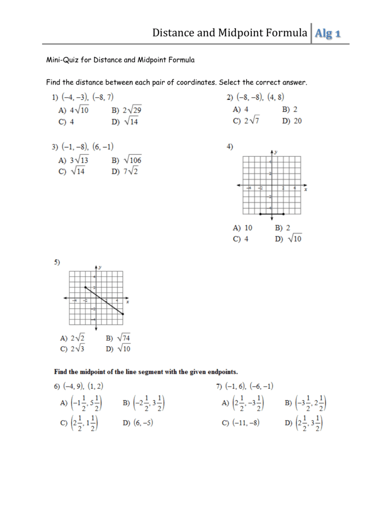 Midpoint And Distance Worksheet Answer Key