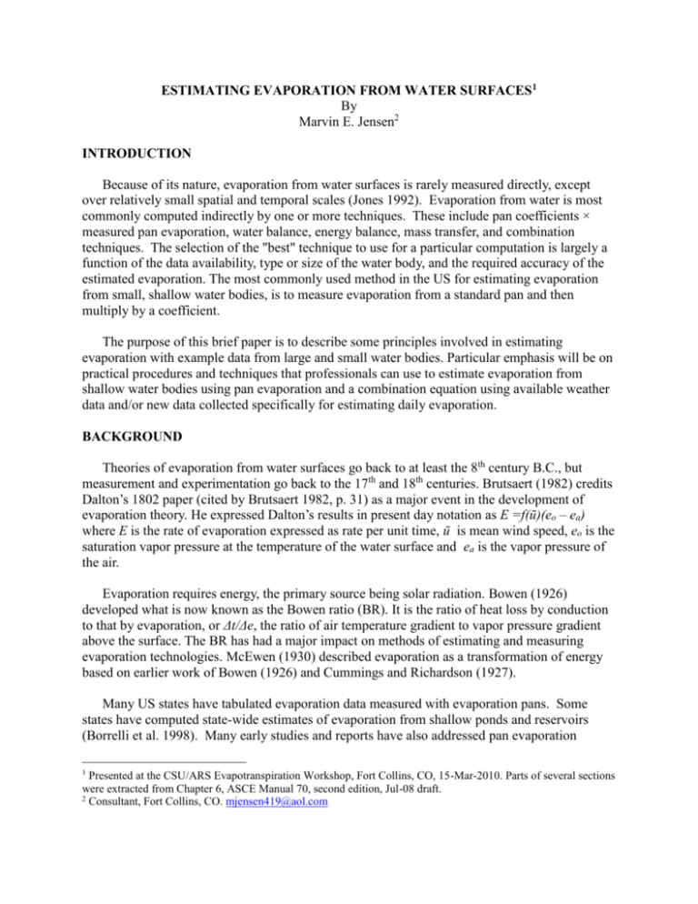 Estimating Evaporation From Water Surfaces