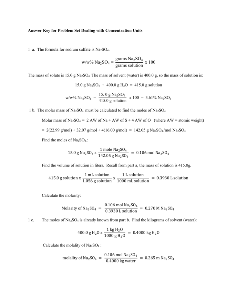 Answer Key for Problem Set Dealing with Concentration Units