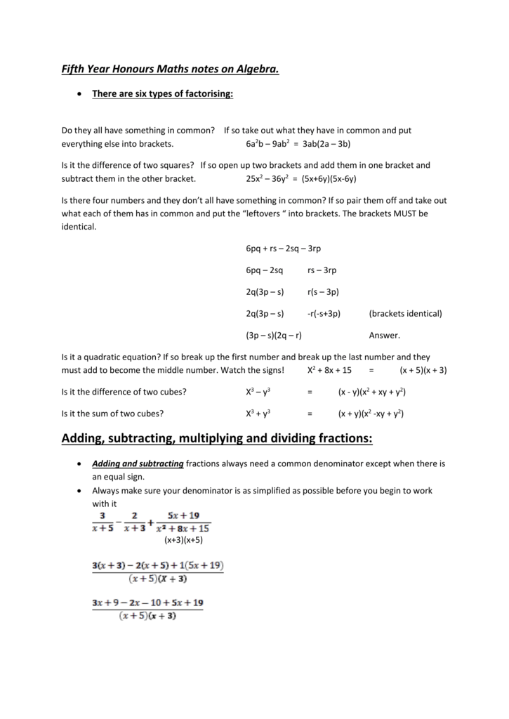 Fifth Year Honours Maths Notes On Algebra