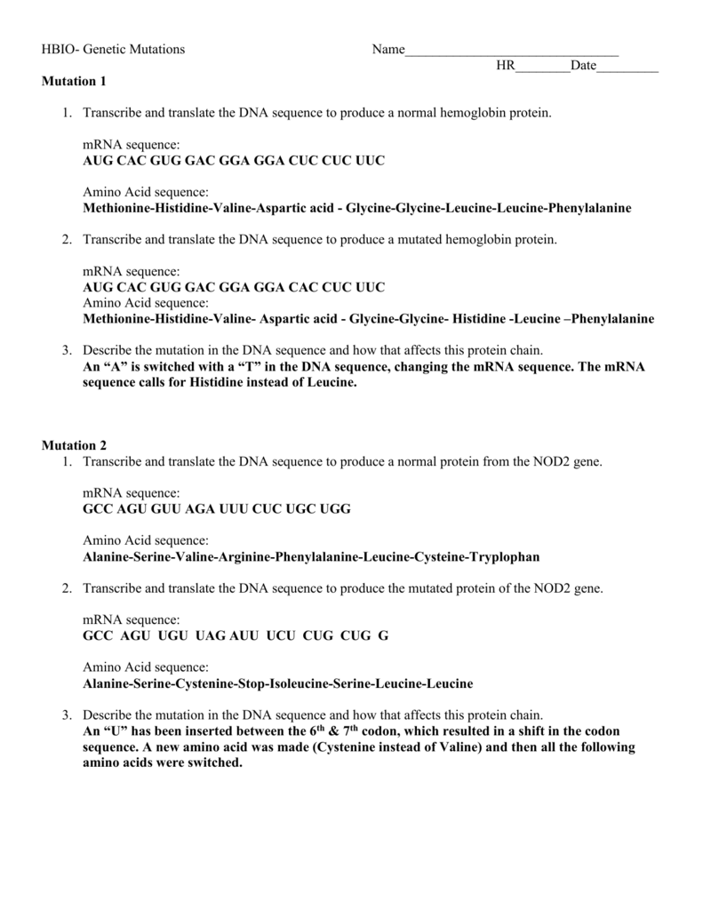 HBIO- Genetic Mutations In Genetic Mutation Worksheet Answer Key