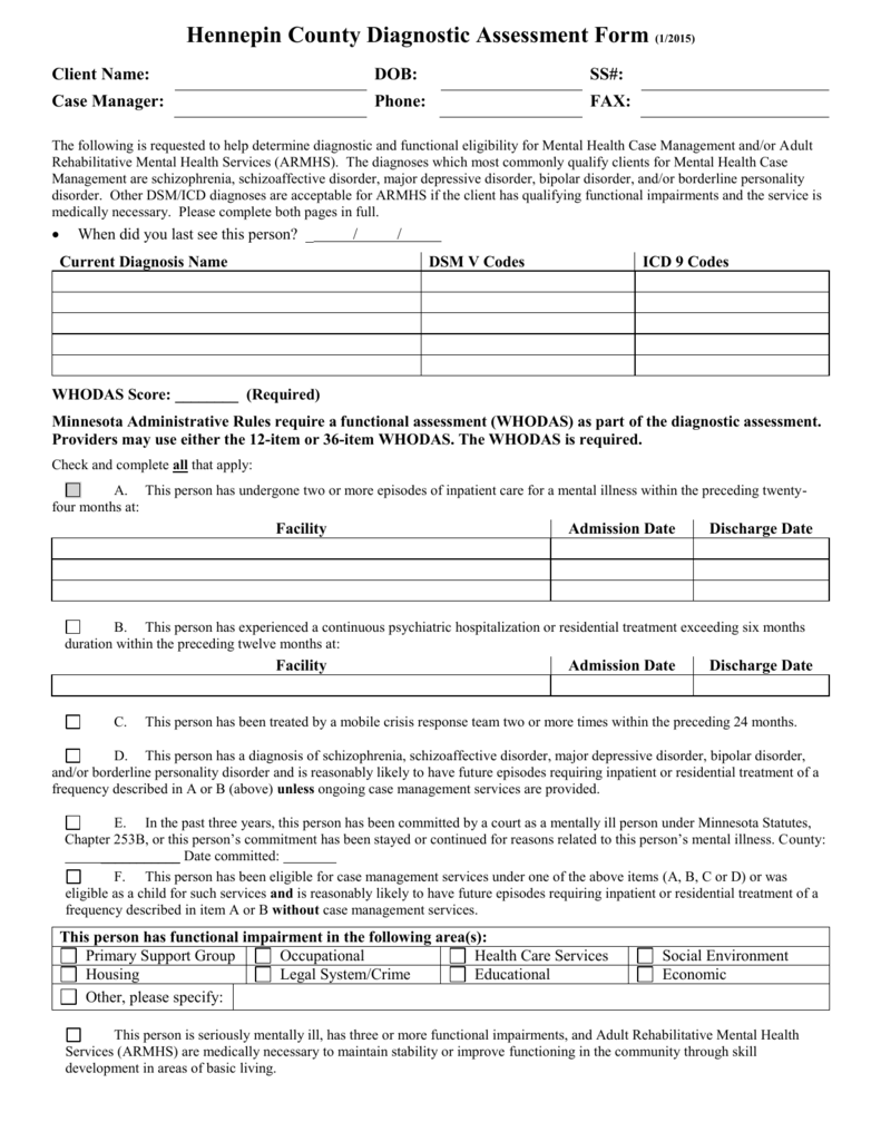 Hennepin County Diagnostic Assessment Form