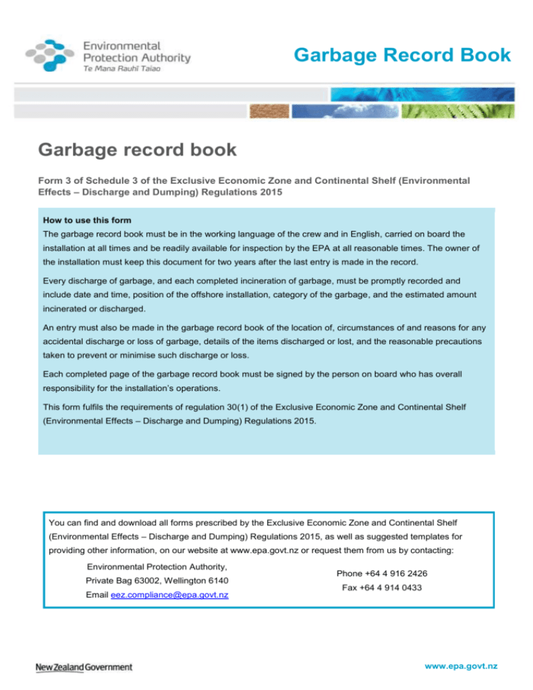 Garbage Record Book Environmental Protection Authority