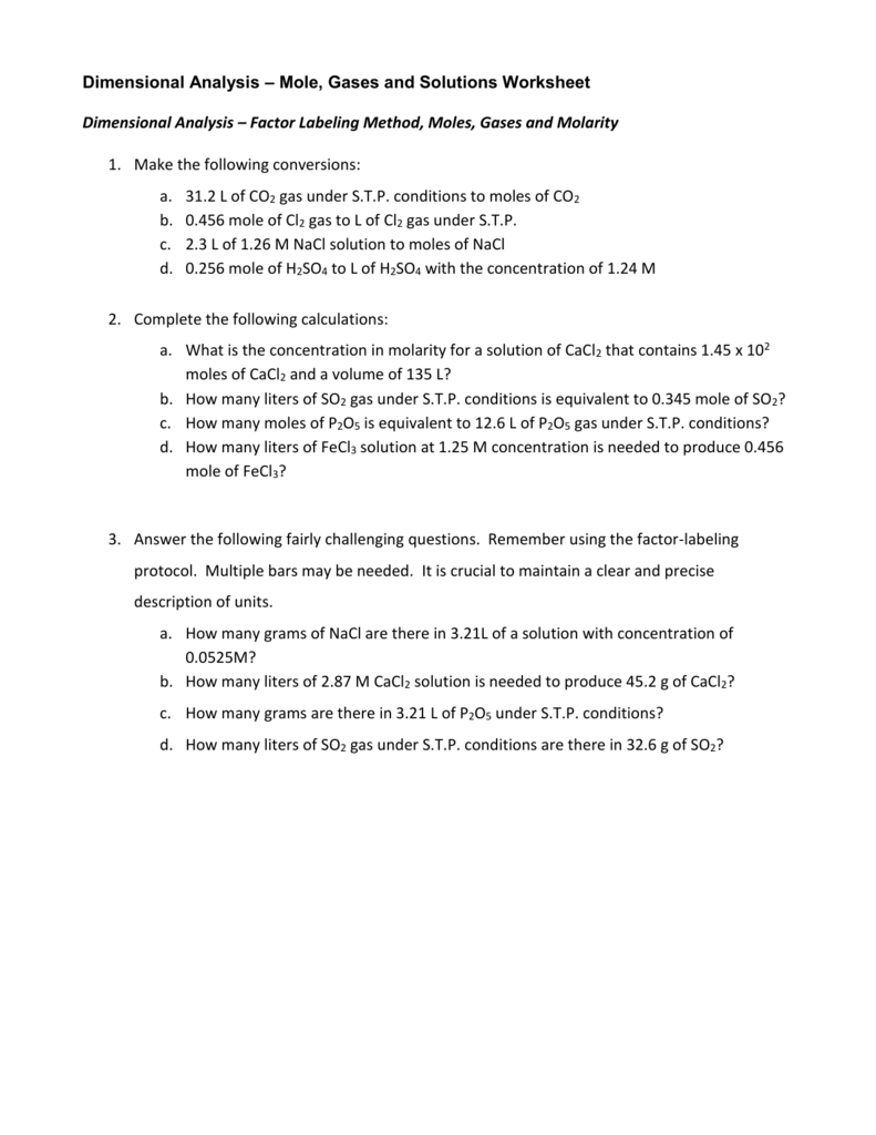 Dimensional Analysis - Moles Gases and Solutions Worksheet Intended For Dimensional Analysis Worksheet Chemistry