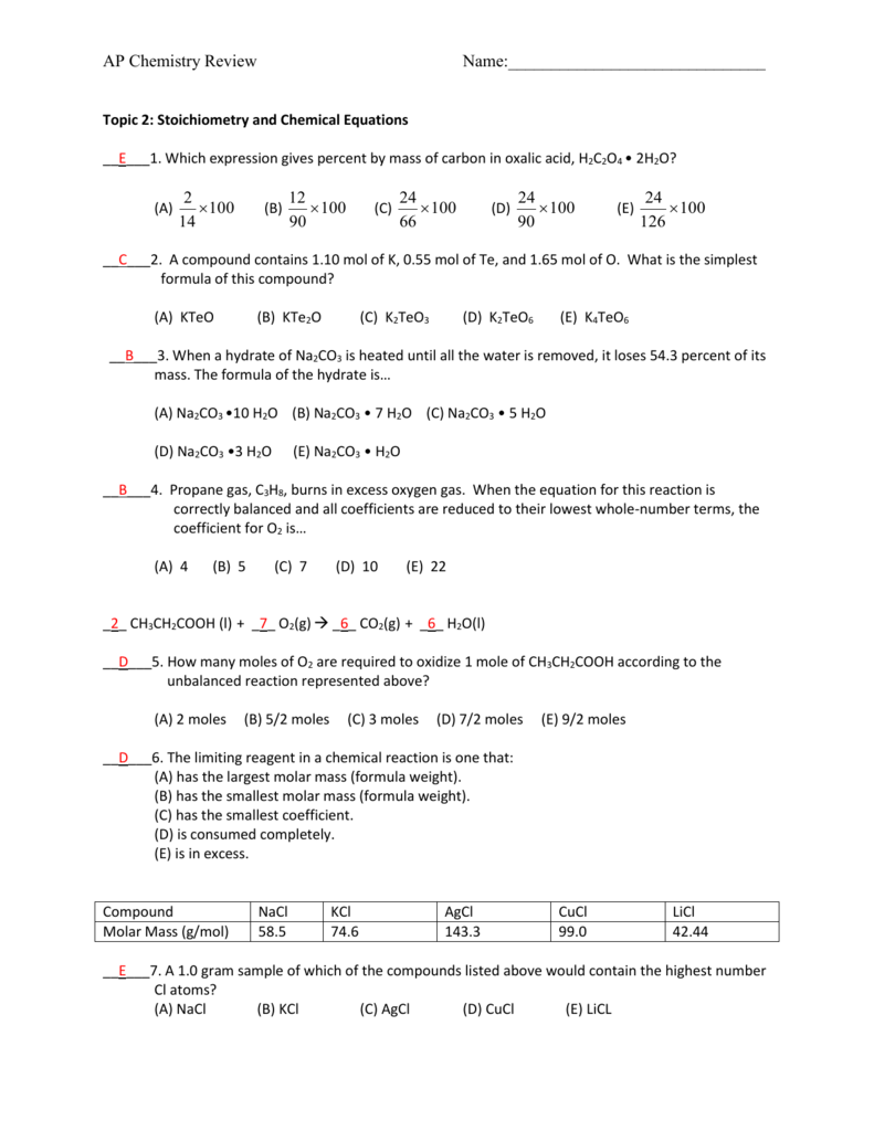 stoichiometry review problems answer key