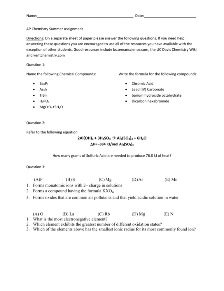 college chemistry assignment