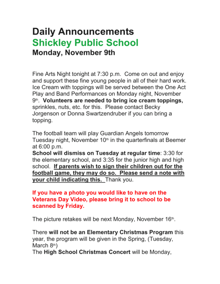 Daily Bulletin Shickley Public School