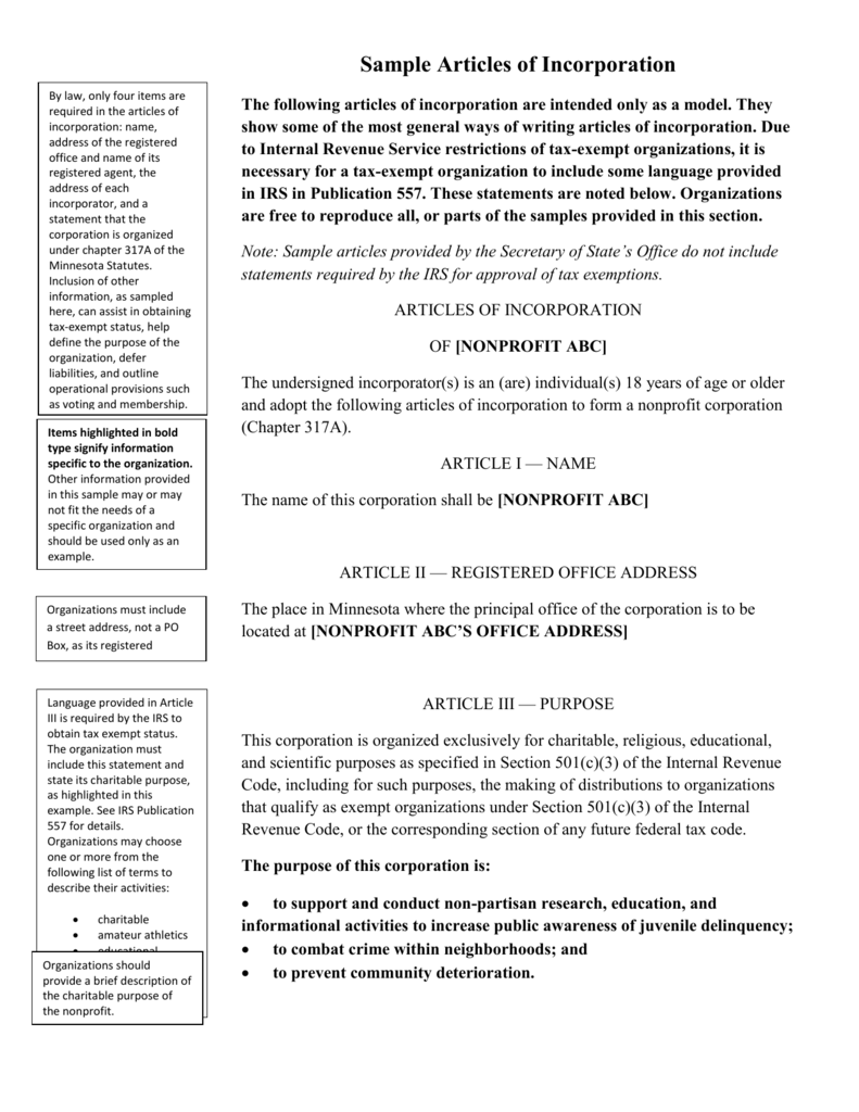 Articles Of Incorporation For NonProfit Corporation